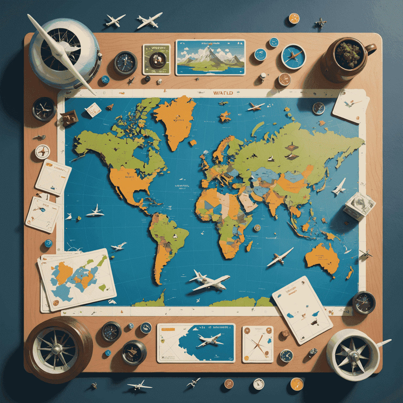 Abstract illustration of an Aviator board game setup with miniature airplanes, strategy cards, and a world map game board, showcasing the global appeal and strategic nature of the game