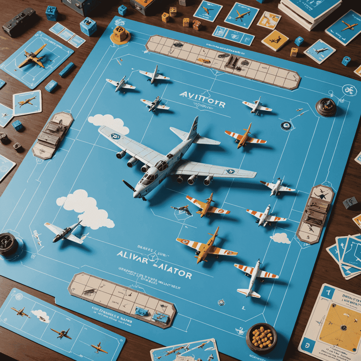 Illustration of the Aviator board game setup, showing a sky-blue game board with miniature airplanes and strategic elements