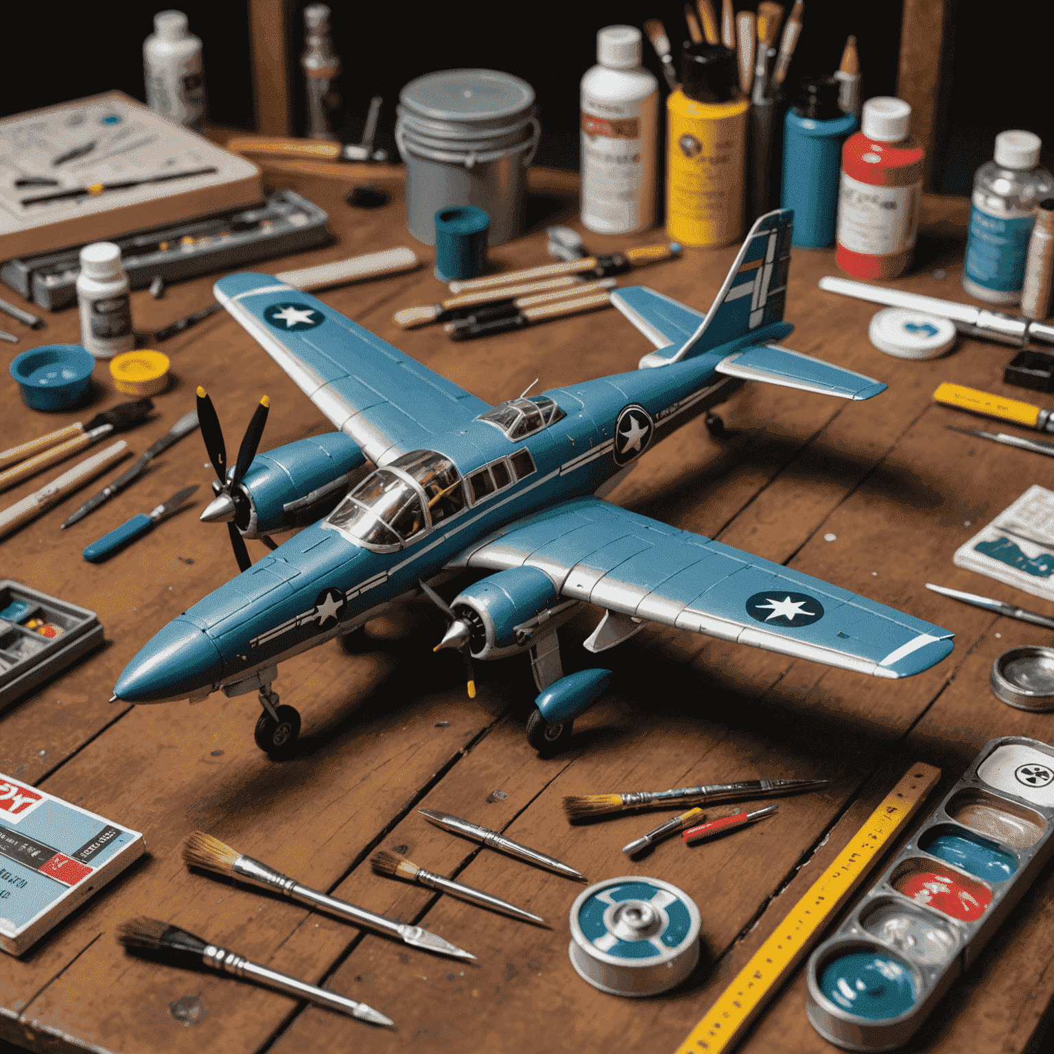 A detailed miniature aircraft from the Aviator board game, showcasing intricate paintwork and precise scale modeling. The miniature is placed on a workbench surrounded by various modeling tools and paint brushes.