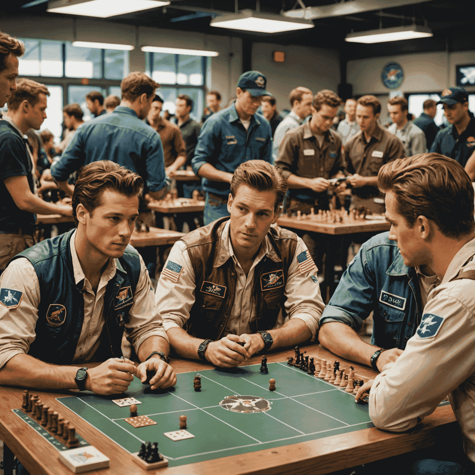 A group of Aviator players engaged in a tournament, with game boards set up on tables and spectators watching intently. The scene captures the excitement and concentration of competitive Aviator play.