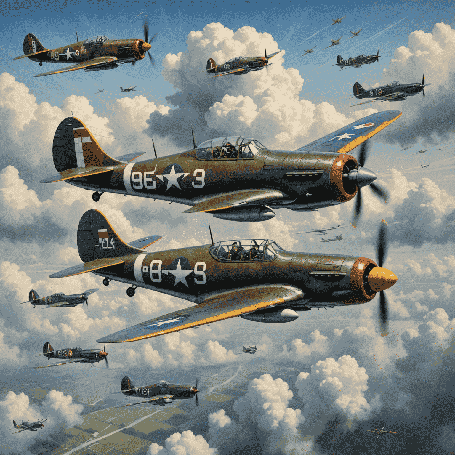 Illustration of vintage World War II aircraft engaged in aerial combat, showcasing dogfighting maneuvers against a cloudy sky backdrop