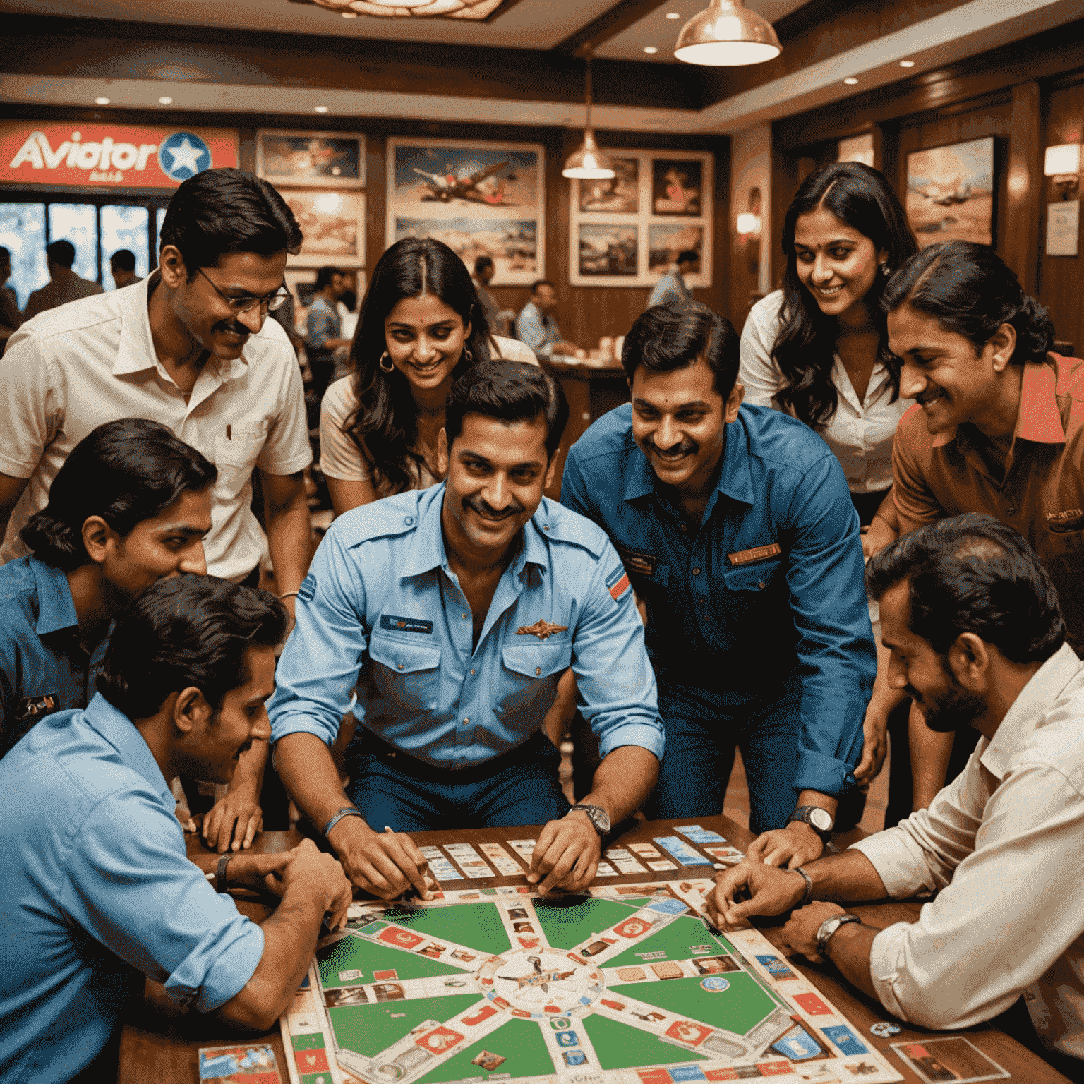 A group of enthusiastic Indian Aviator players gathered around a game table, with the iconic Aviator board game in the center. The players are of diverse ages and backgrounds, showcasing the game's wide appeal in India.