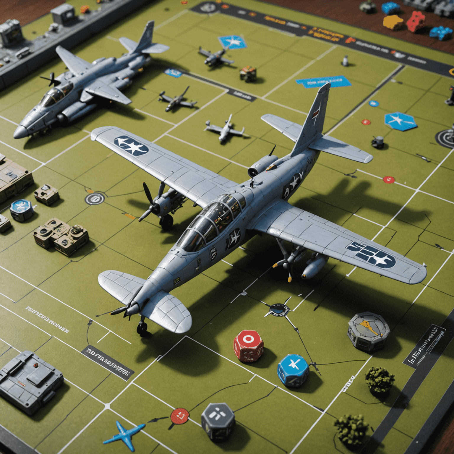 A detailed miniature aircraft model positioned on a strategic game board, with various tactical markers and tokens surrounding it. The image showcases the complexity and depth of the Aviator board game.