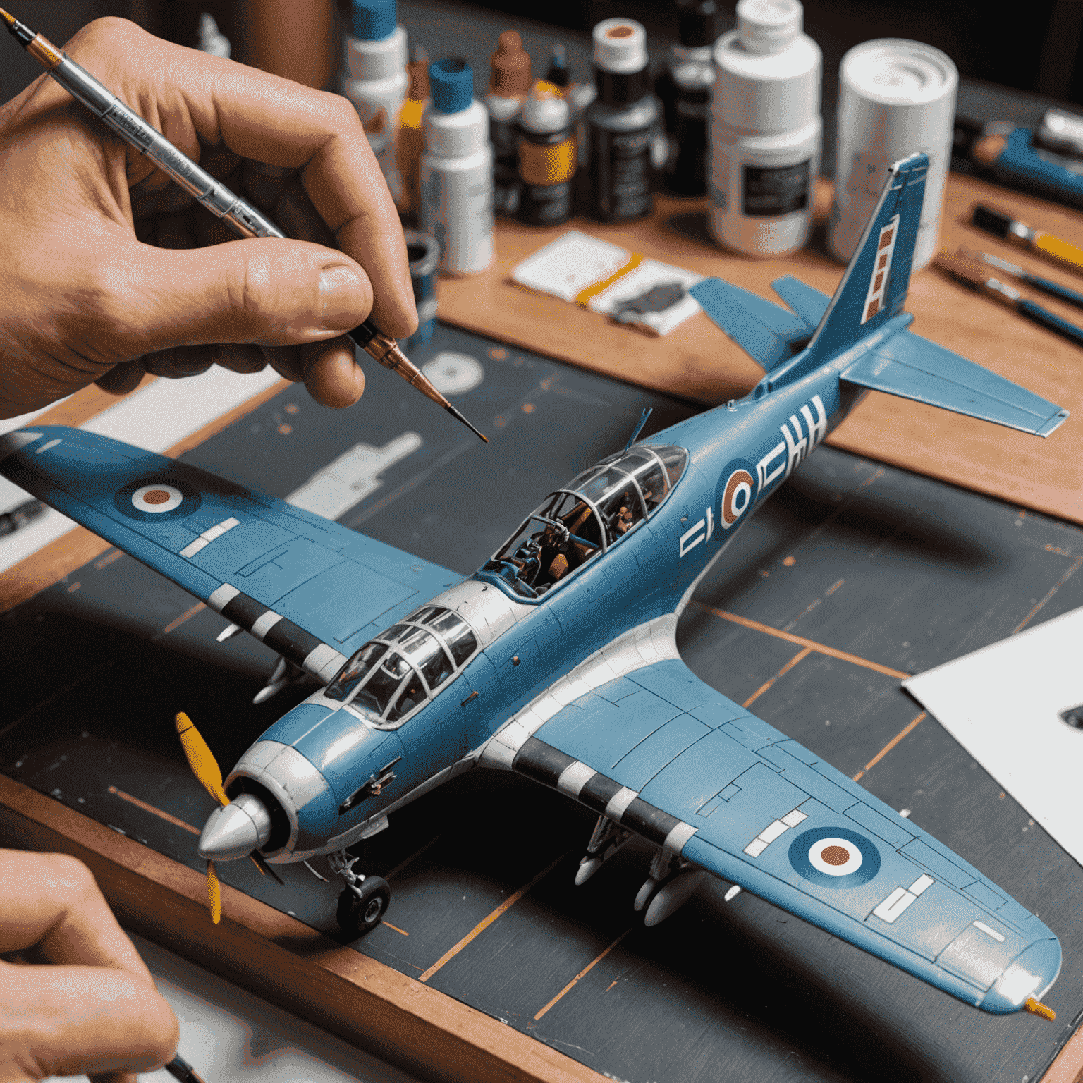 Close-up of a detailed miniature aircraft being painted by an artist