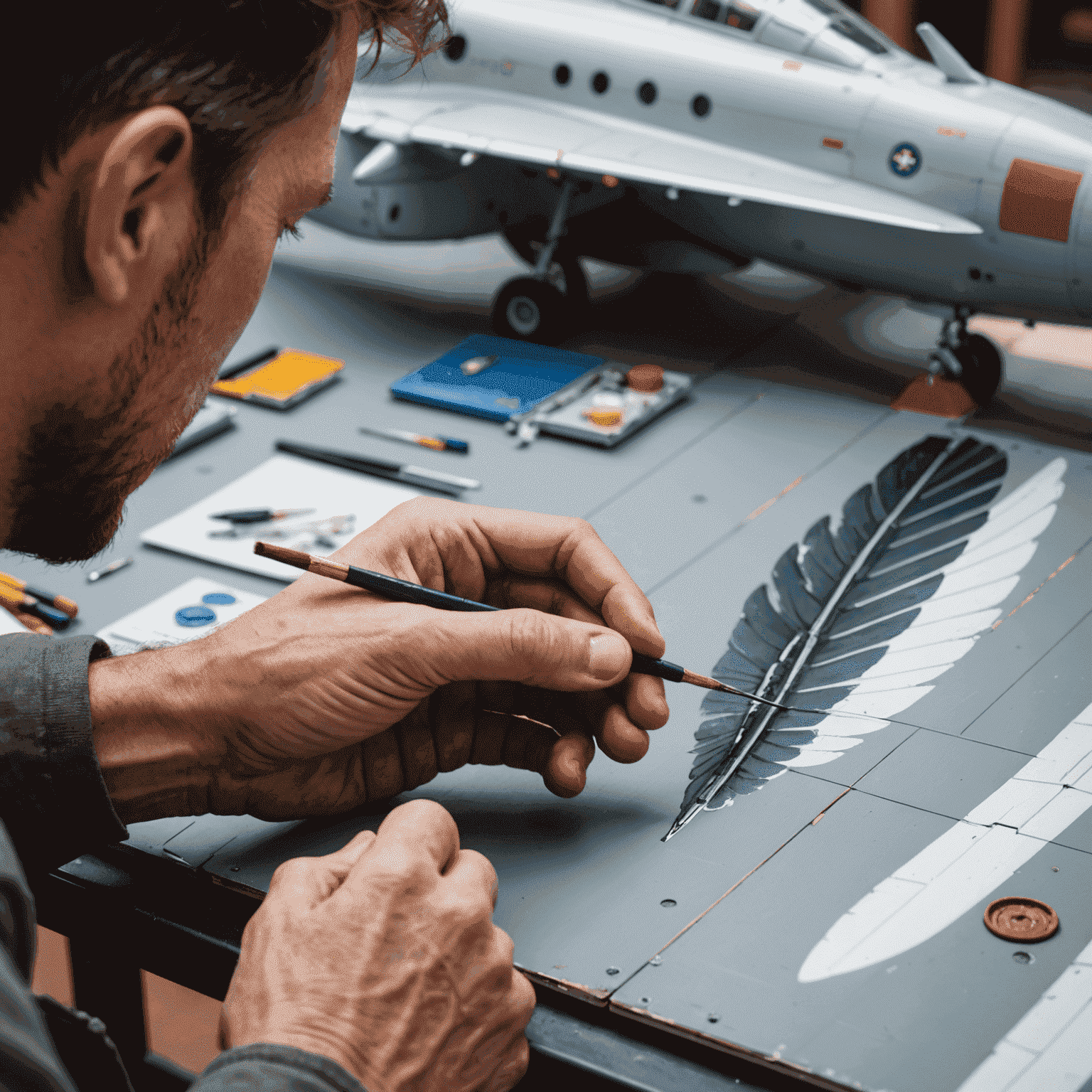 A close-up of an artist's hands carefully painting details on a miniature aircraft wing, with a reference photo of the real aircraft visible in the background.