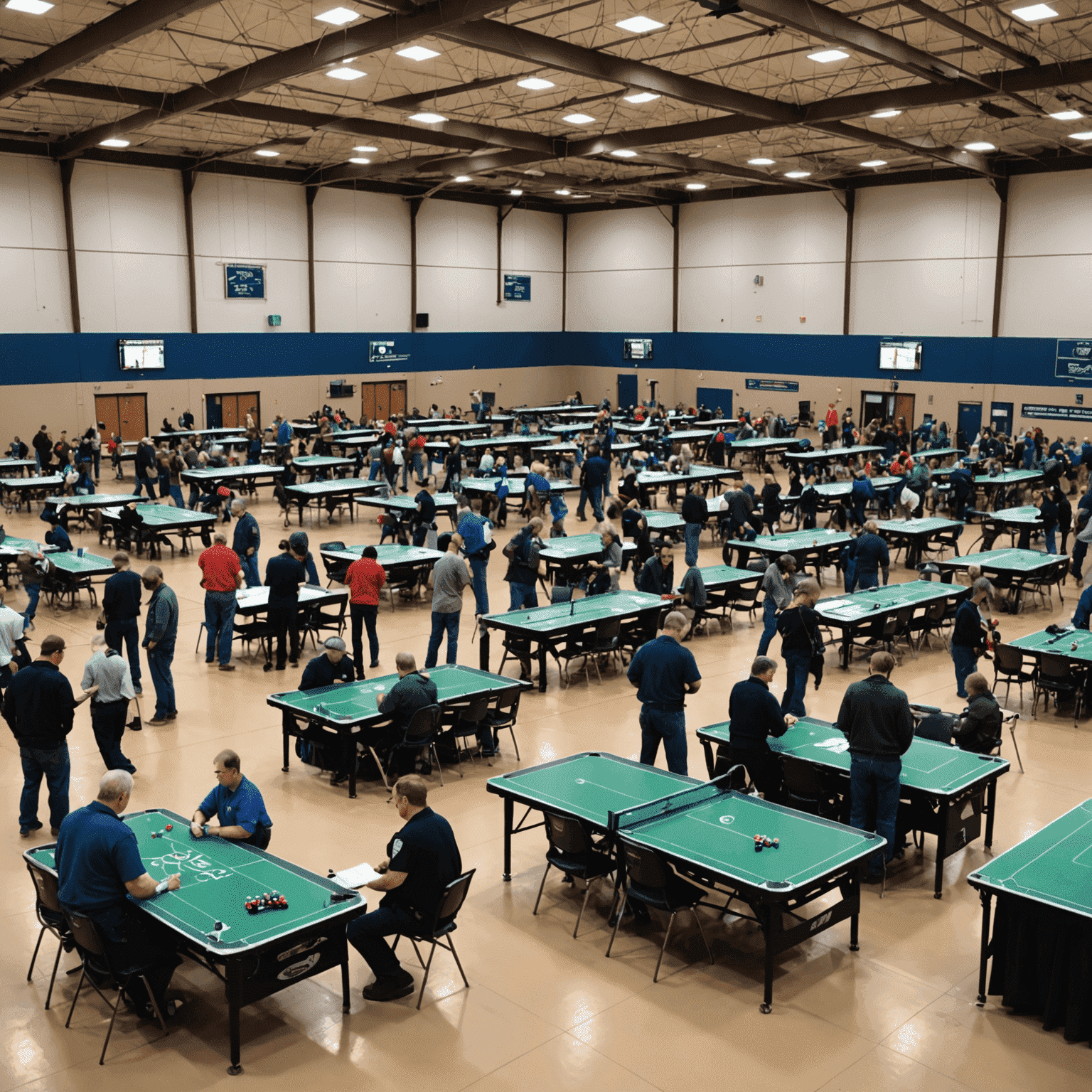 A regional Aviator tournament in progress, showing multiple game tables, a scoreboard, and organizers managing the event. The image conveys the scale and organization of a mid-level competitive Aviator event.