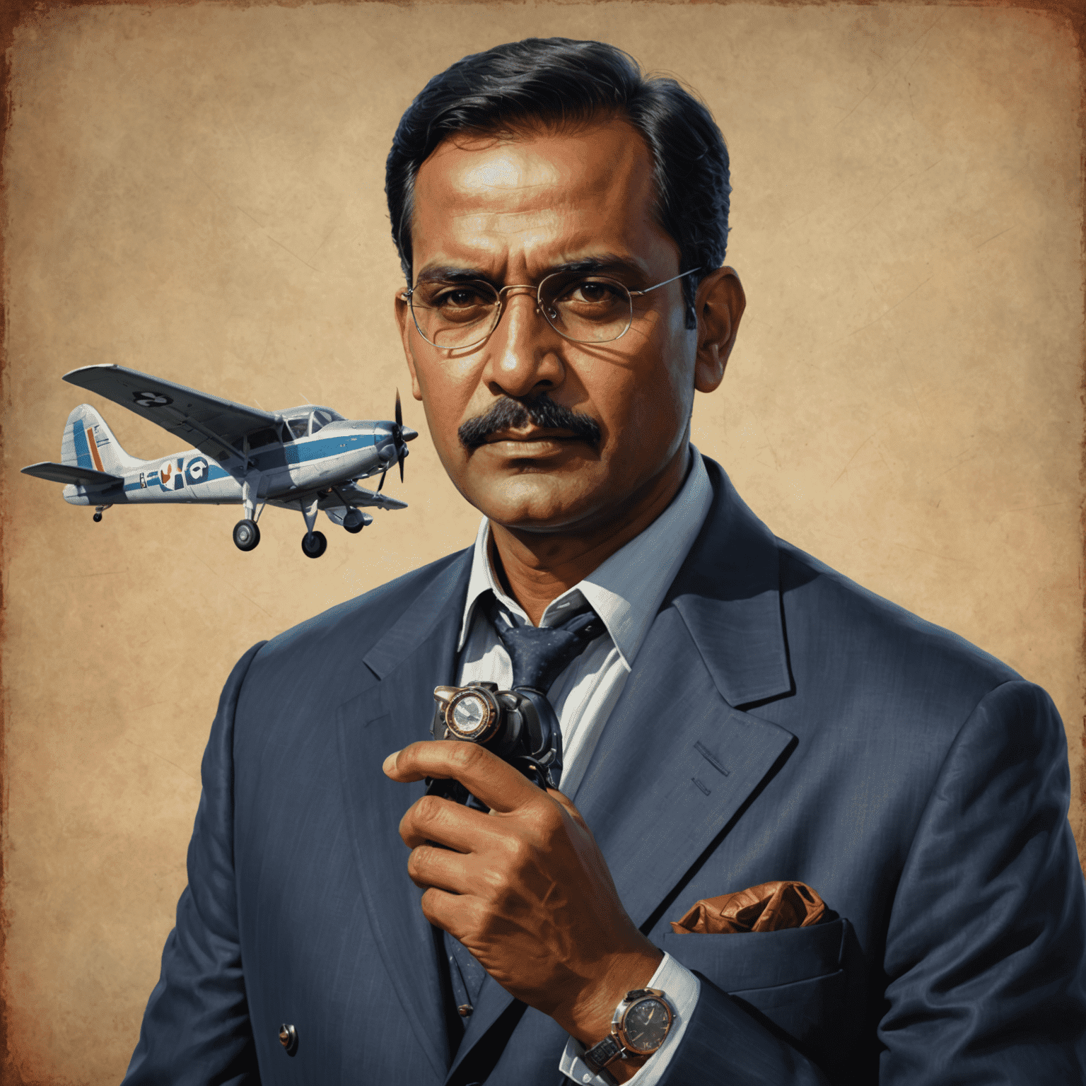 Portrait of Rajesh Patel, a middle-aged man with a thoughtful expression, holding an Aviator game piece