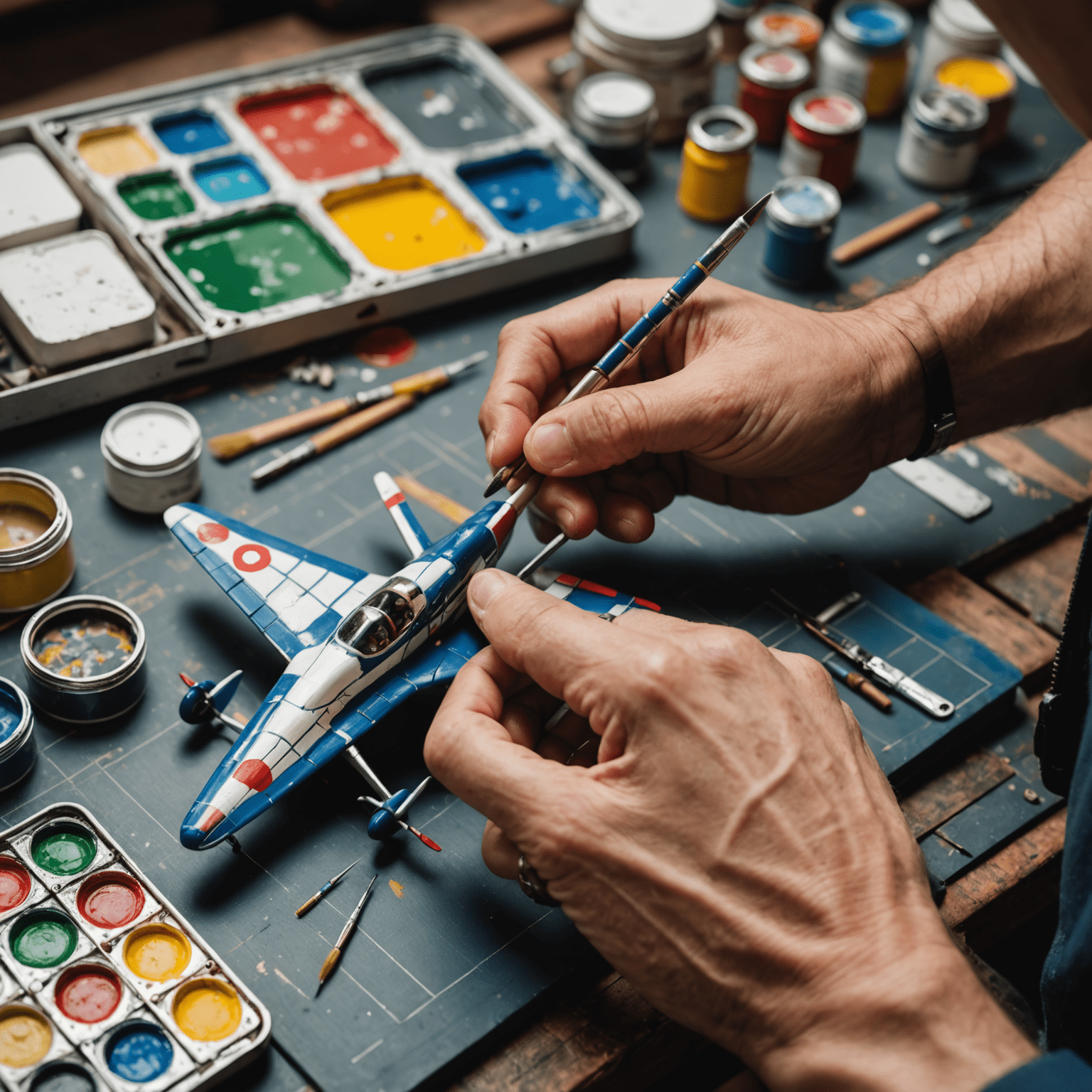 A close-up view of an artisan's hands delicately painting intricate details on a tiny aircraft miniature. The image shows various paints, brushes, and tools used in the creation process of Aviator game pieces.