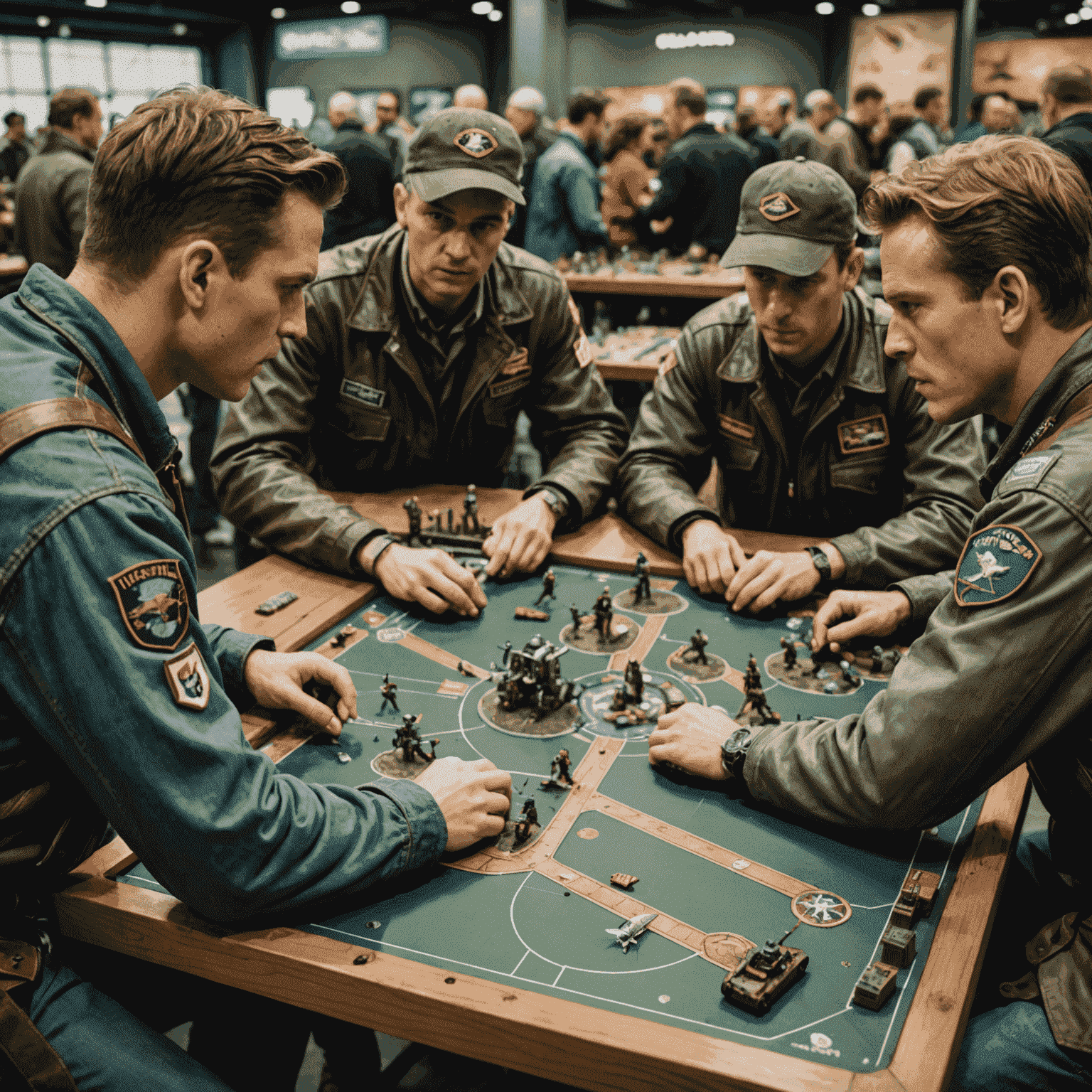 A group of players engaged in an intense Aviator tournament, with game boards and miniatures visible