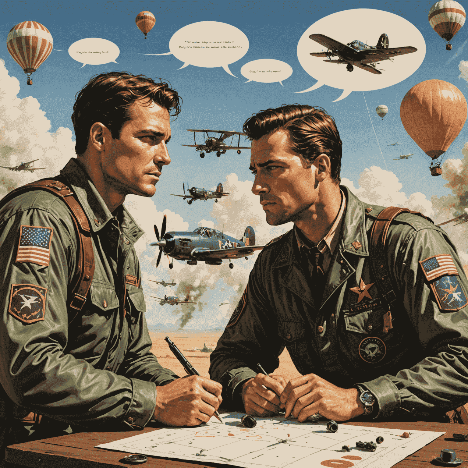 Illustration of two players engaged in an intense match of Aviator, with thought bubbles showing their strategic planning and psychological tactics