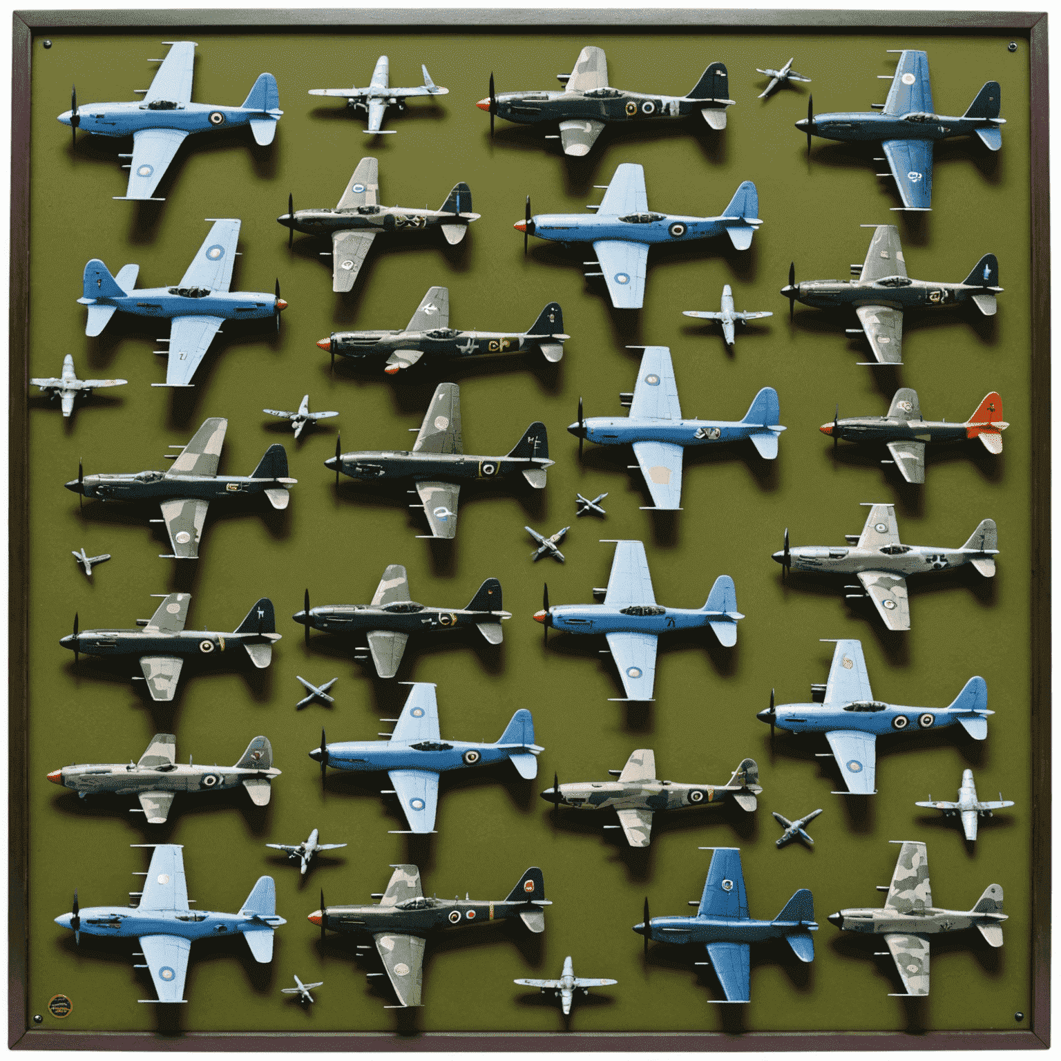 A collection of painted Aviator miniatures showcasing various historical aircraft types and camouflage schemes, arranged on a diorama-style game board.