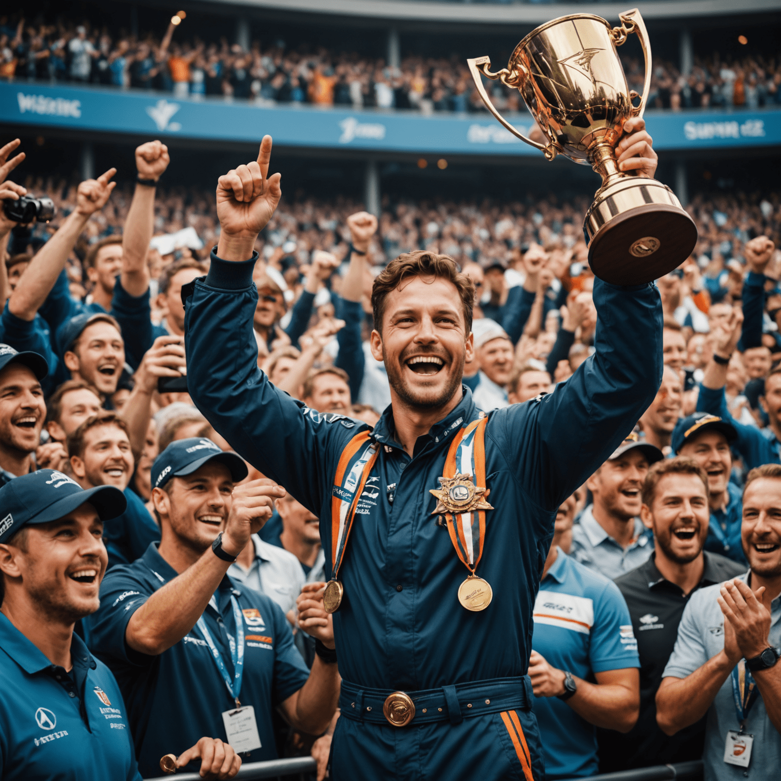 A victorious Aviator player holding a trophy at a world championship event, surrounded by cheering fans and fellow competitors. The image captures the excitement and prestige of winning a major Aviator tournament.