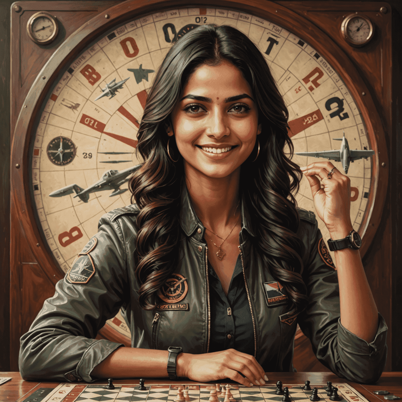 Portrait of Priya Sharma, a young woman with a confident smile, gesturing over an Aviator game board