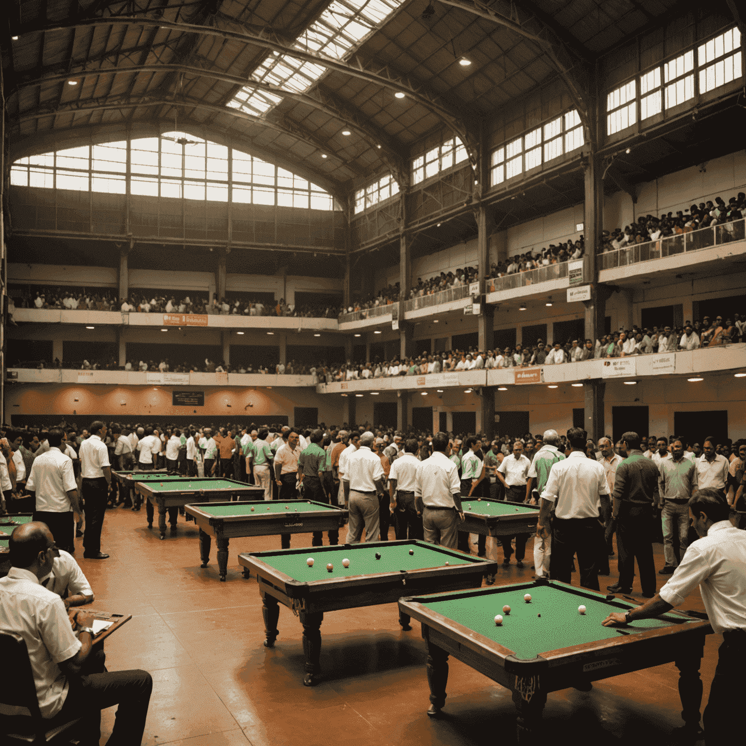 A bustling Aviator tournament in progress at a large hall in Mumbai, with multiple game tables and spectators cheering