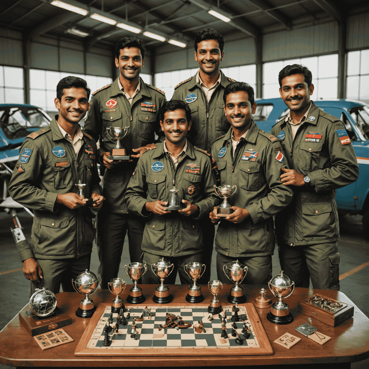 A group of Indian Aviator champions posing with their trophies and game boards