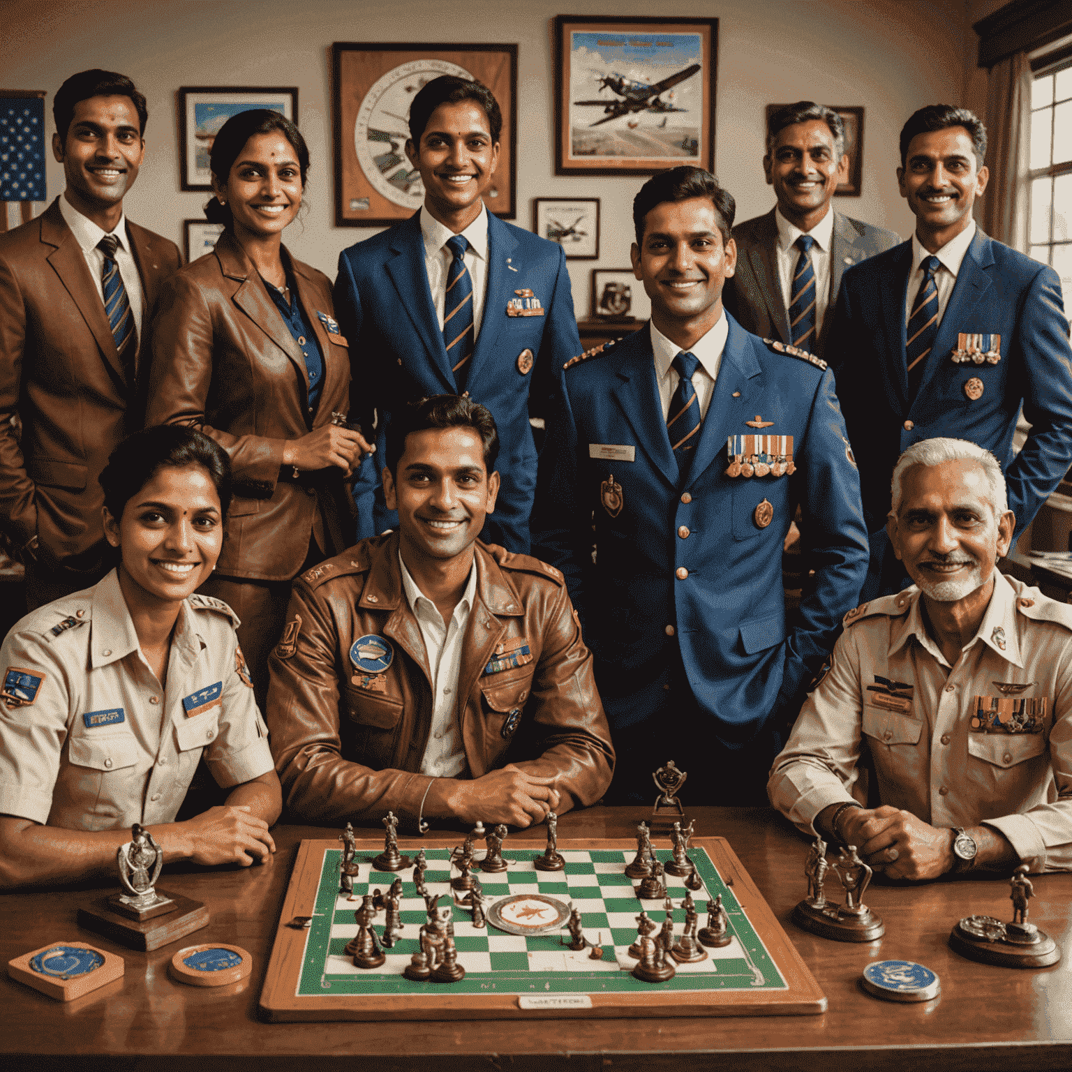 A diverse group of Indian Aviator players posing with their game boards, trophies, and medals, symbolizing the bright future of the game in India